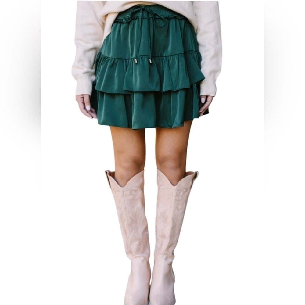 Entro Tiered Mini Skirt Size L Green Ruffle Skort Attached Shorts Festival Party